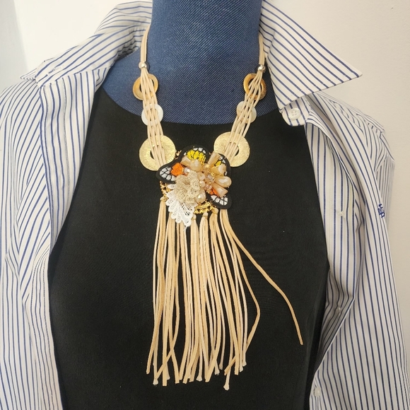 Unique Ivory Cord Multi Media Necklace AB Glass Earrings Set - Picture 10 of 13